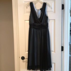 Size 14 blue knit dress with black chiffon overlay, V-neckline & ruched waist.
